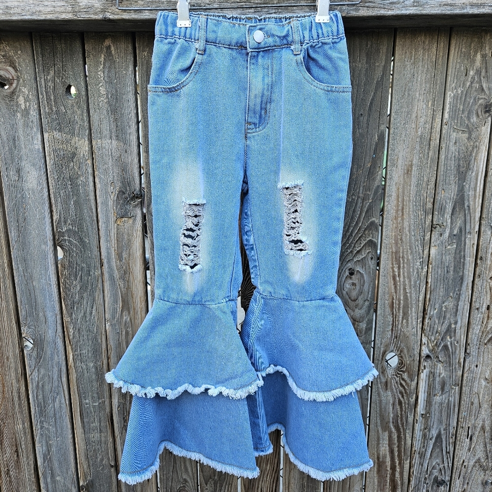 Girls Ruffle Flare Distressed Jeans - Blue 8Y - Picture 2 of 16